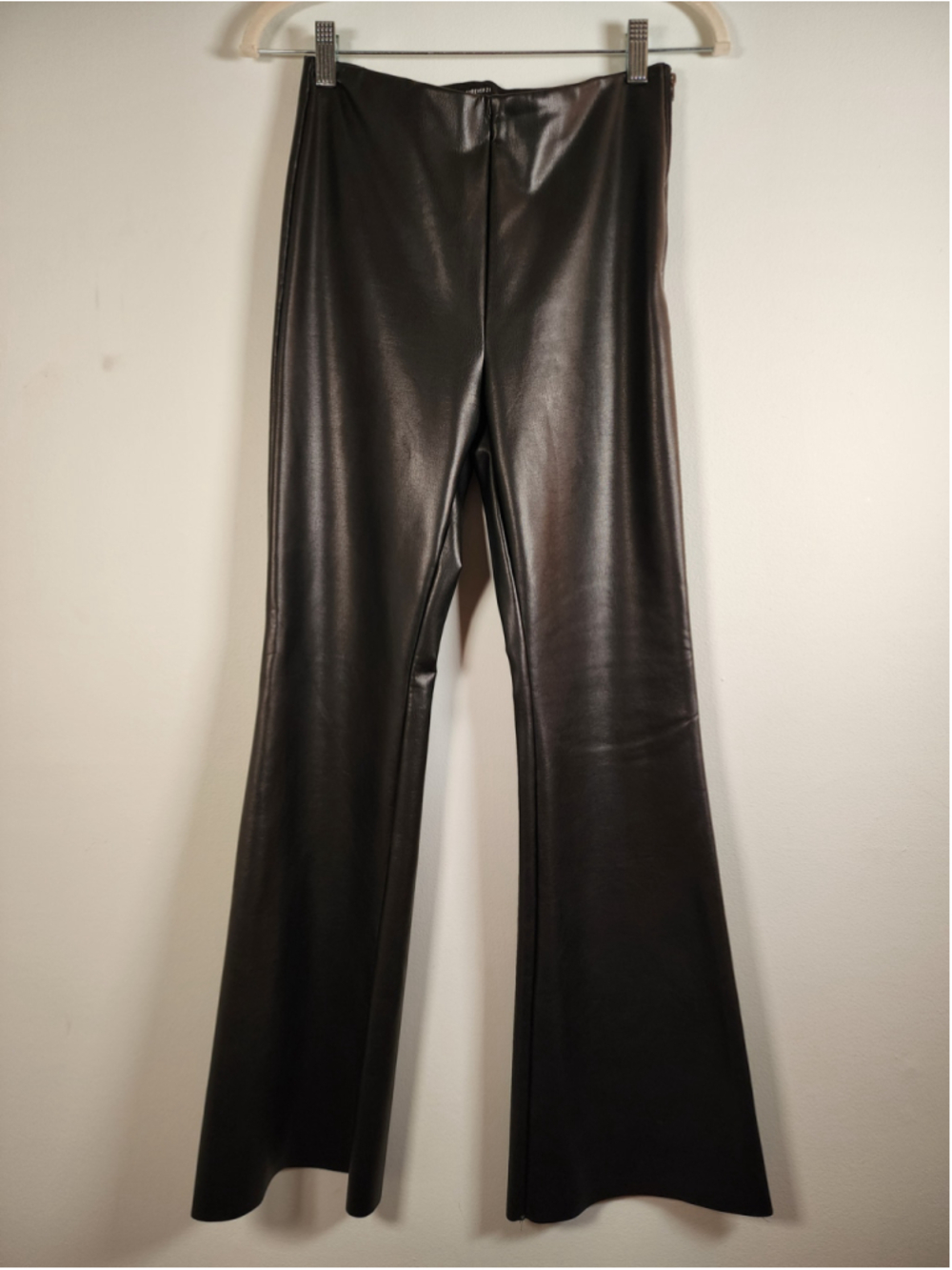 Thermal Faux Leather High Rise Flared Trousers Side Zip Flat Front Size M